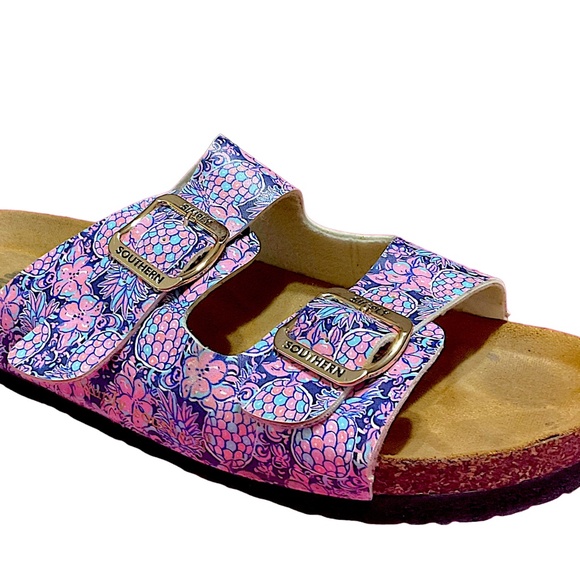 Simply Southern Floral Buckle Slip on Flip Flop Sandals Size 9 Pink/Blue - Picture 2 of 14